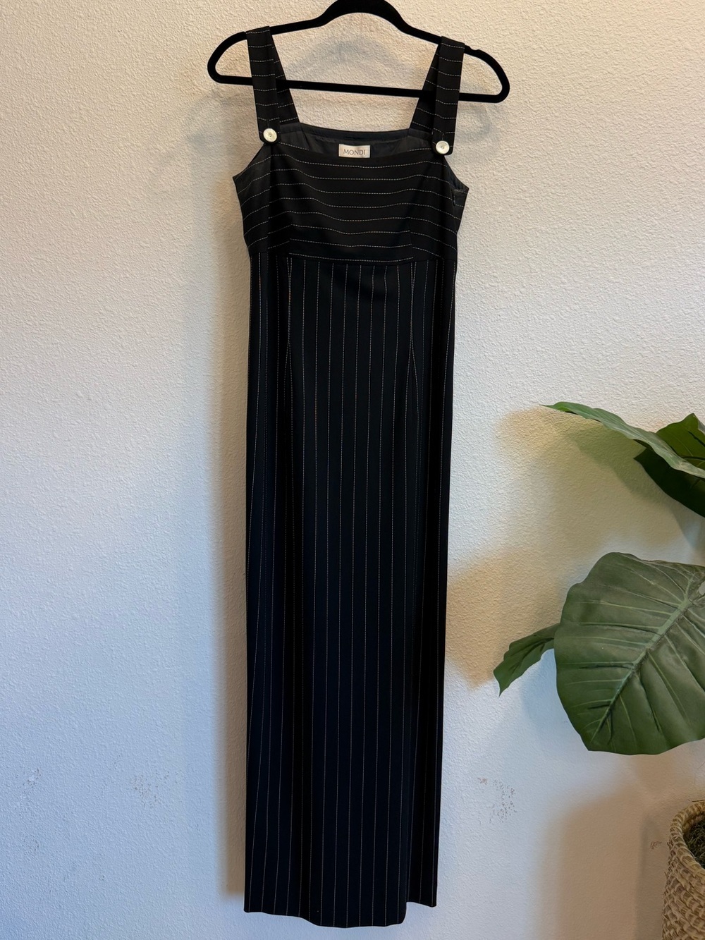 Vintage Mondi Black Pinstripe Maxi Dress Wool Blend Minimalist 90s Size 36/XS-S